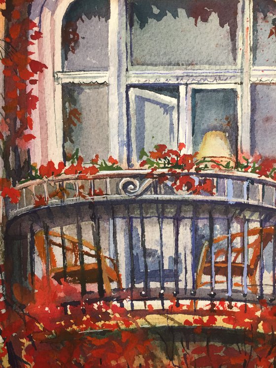 Autumn balcony. House in the leaves. Balcony of europe.