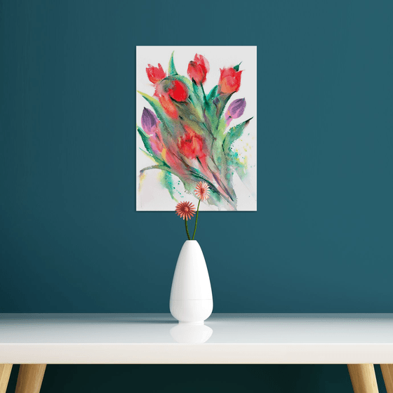 Tulip painting, Tulips watercolour, bunch of tulips, Red tulips, Floral art, flower painting