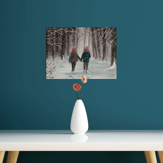 Winter scene, children in the snow