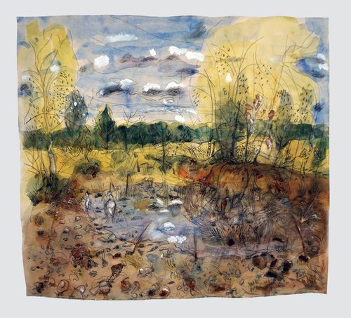 Lowland Heath water hole, herons and barren cows by Patrick O'Callaghan