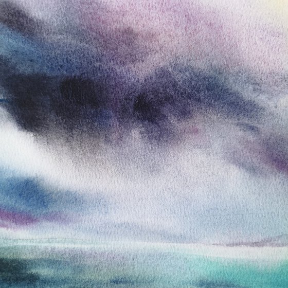 Impressionist sea and sky, landscape watercolor painting