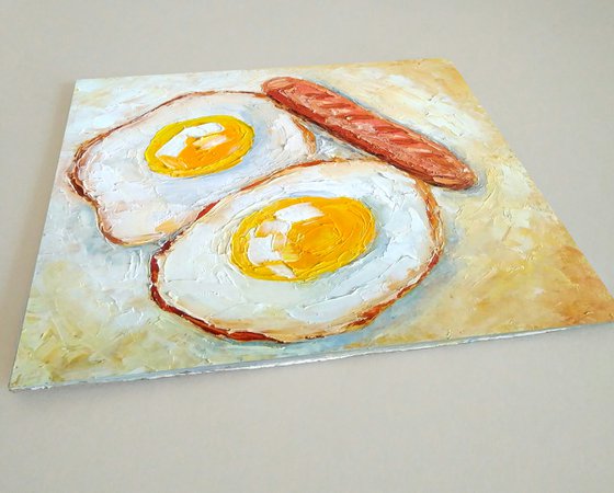 The breakfast, Fried Egg Painting Original Art Kitchen Food Artwork Breakfast Wall Art Small Oil Painting