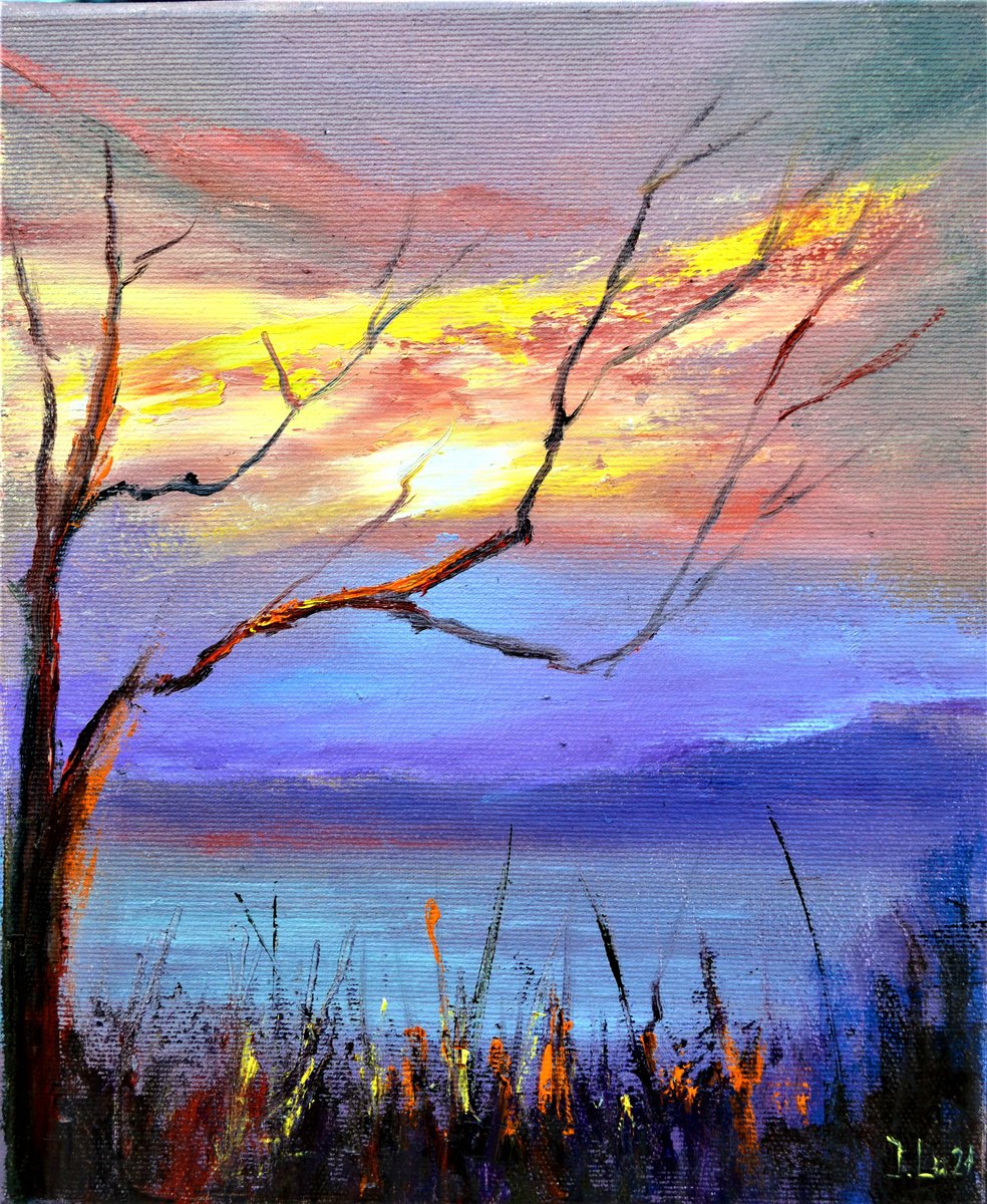 Expressive Landscape Oil Painting By Elena Lukina, 10 X 12, Seeing Off The Sun, Original Artwork