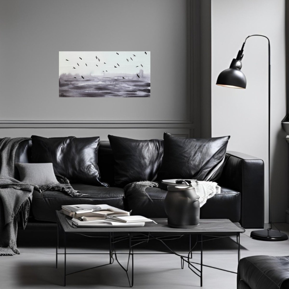 Impressionistic Animal Print By Yuliia Sharapova, 19 X 9", Wild Ducks Monochrome, Original Artwork