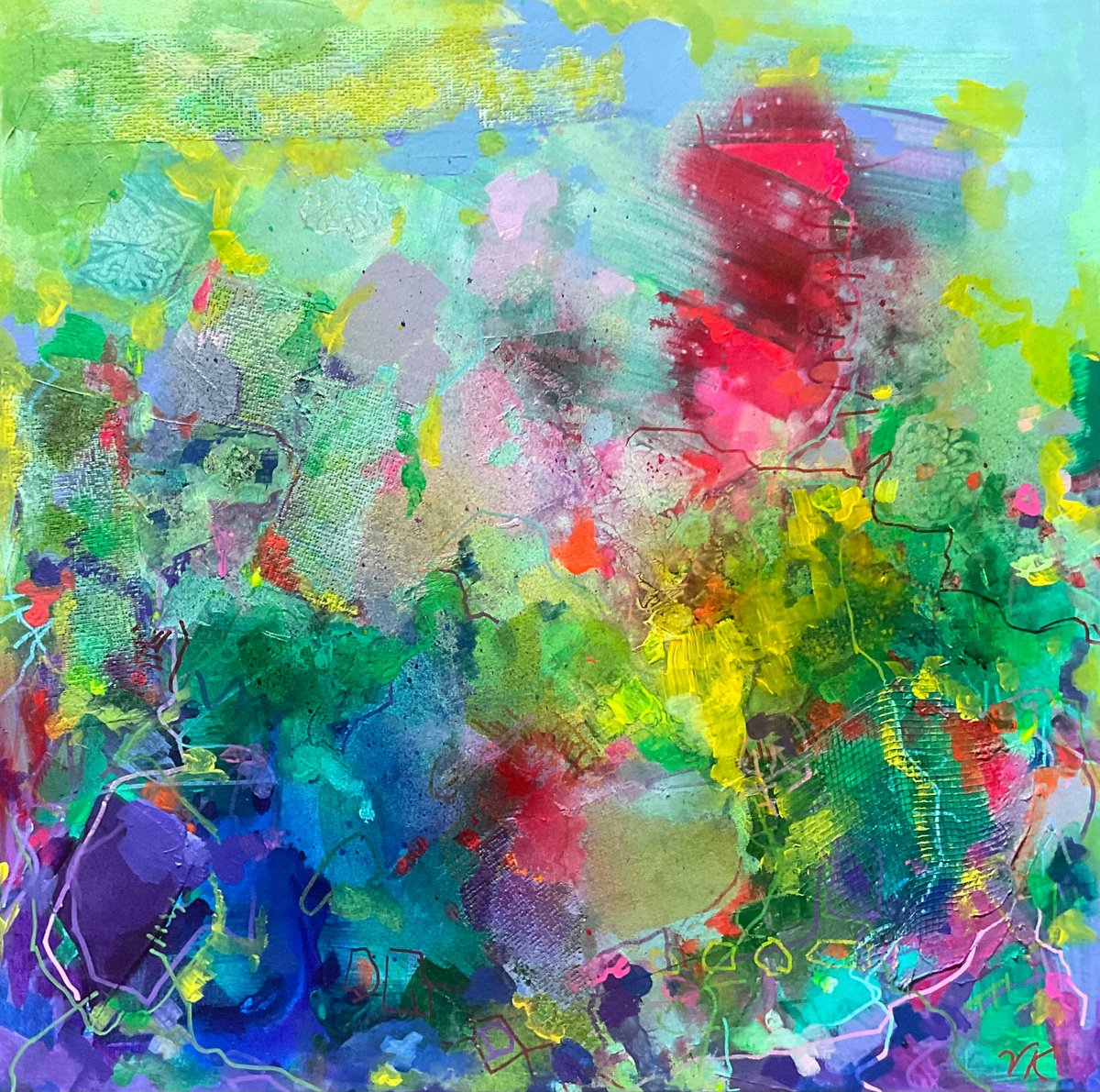 Organic Abstract Acrylic Painting By Vera Klimova, 31 X 31", Spontaneous Geometry, Original Artwork