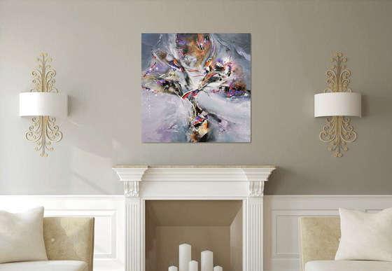 Large beautiful abstract action painting flowers in a pot enigmatic art by Kloska