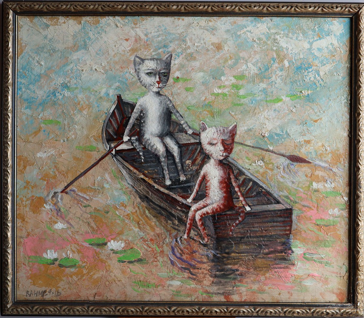 Impressionistic Animal Acrylic Painting By Rakhmet Redzhepov, 21 X 18", Two In A Boat, Original Artwork