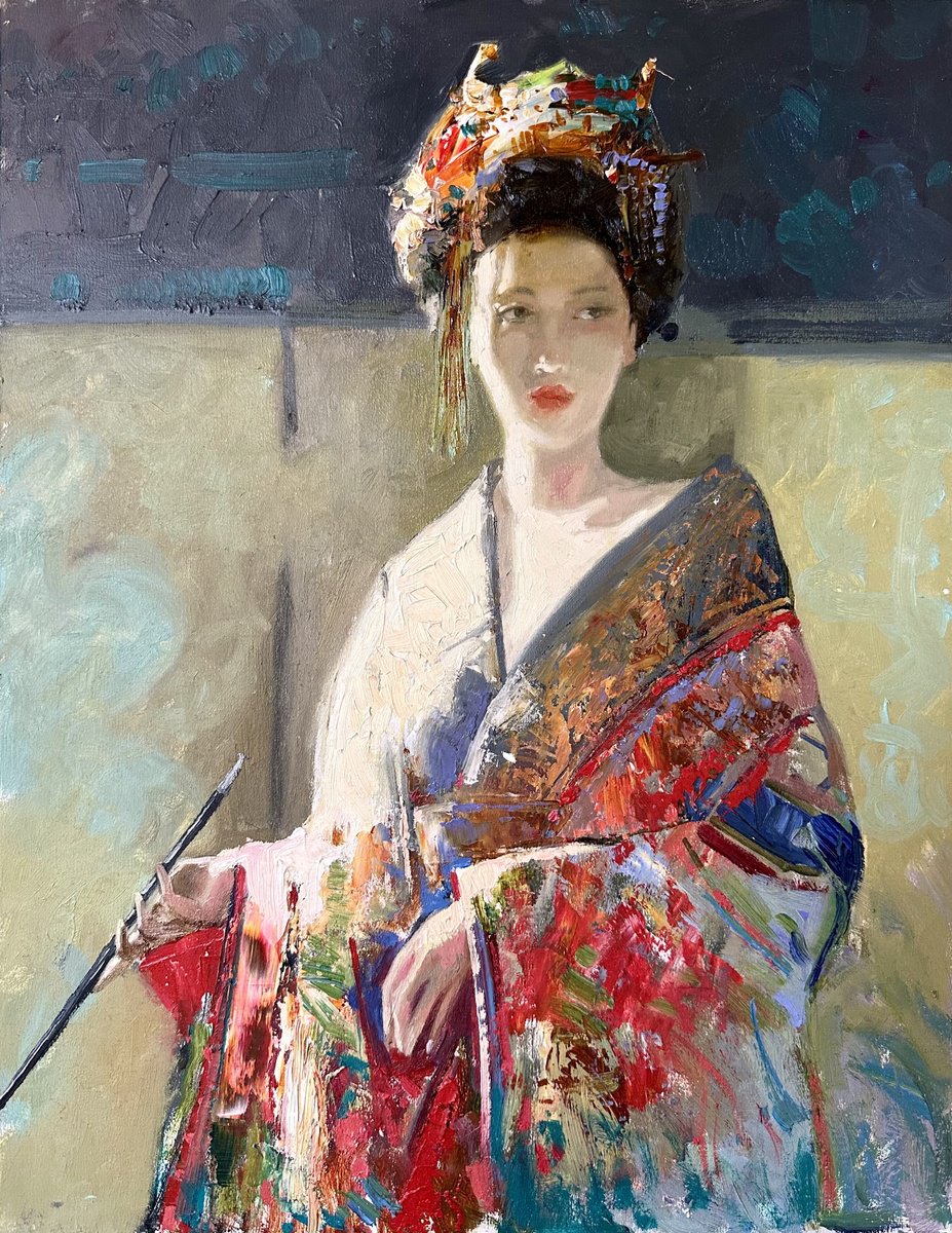 Impressionistic Portrait Oil Painting By Khanlar Asadullayev, 14 X 18", Japanese Girl, Original Artwork