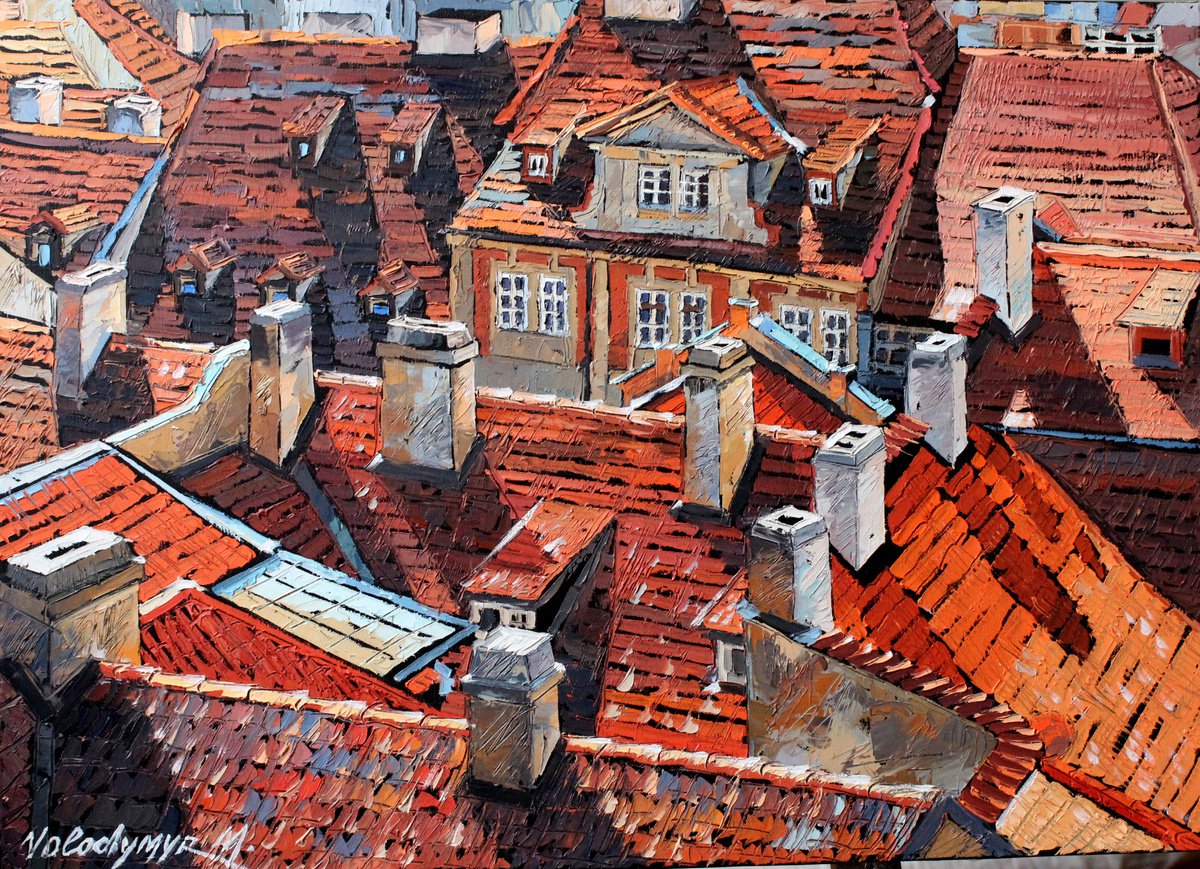 Impressionistic Cityscapes Oil Painting By Volodymyr Melnychuk, 28 X 20", The Roofs Of The Old City, Original Artwork