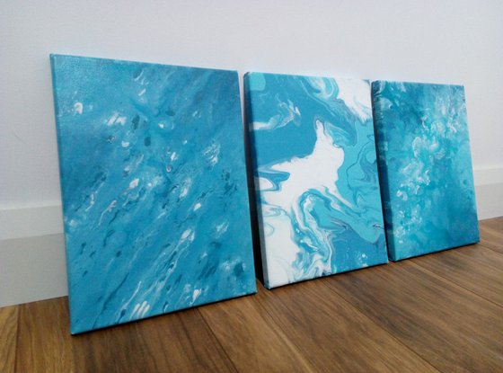 Variations in Blue ,  SET OF 3 PAINTINGS, READY TO HANG.
