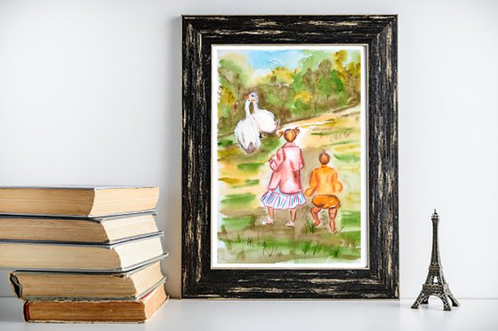 Sisters Painting Kid Original Art Girls and Gooses Small Watercolor Artwork 8 by 12 inches