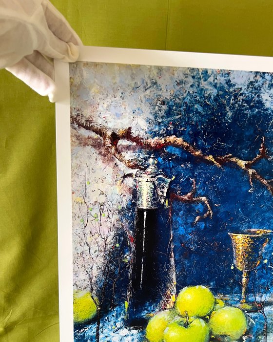 Cozy blue still life with apples