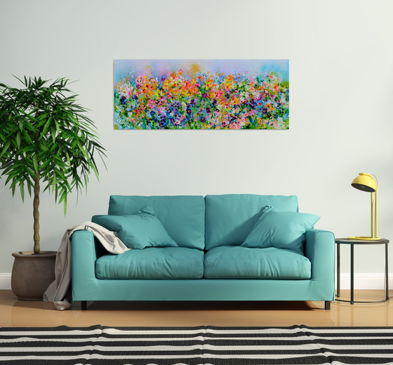 I've Dreamed 23 - Colorful Spring Floral Painting, Daffodils, Pansies, Snow Drops, Primroses - 150x60 cm, Palette Knife Modern Ready to Hang Floral Painting - Flowers Field Acrylics Painting