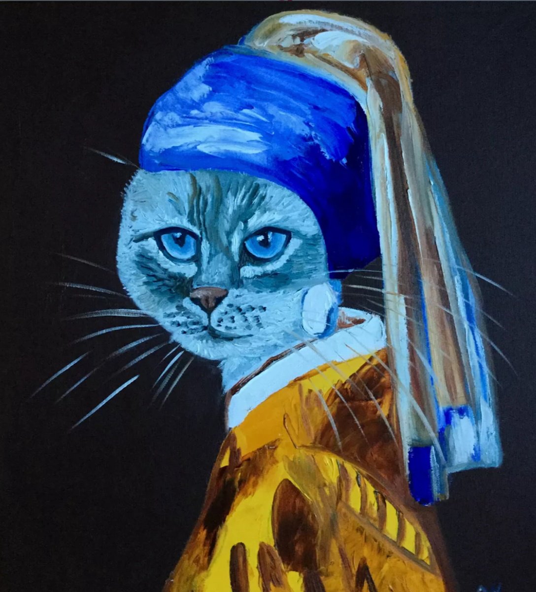 Impressionistic Animal Oil Painting By Olga Koval, 18 X 20", British Blue Cat Vermeer, Original Artwork