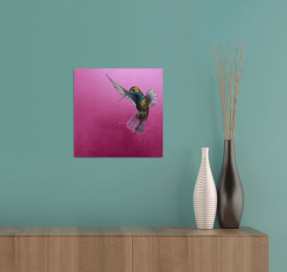 Green-breasted Mango Hummingbird ~ on Metallic Pink