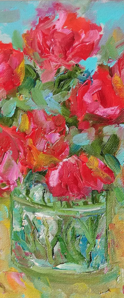 Red Roses in Vase | Small Oil Painting on Canvas Board 8x8 in (20x20cm) by Katia Ricci