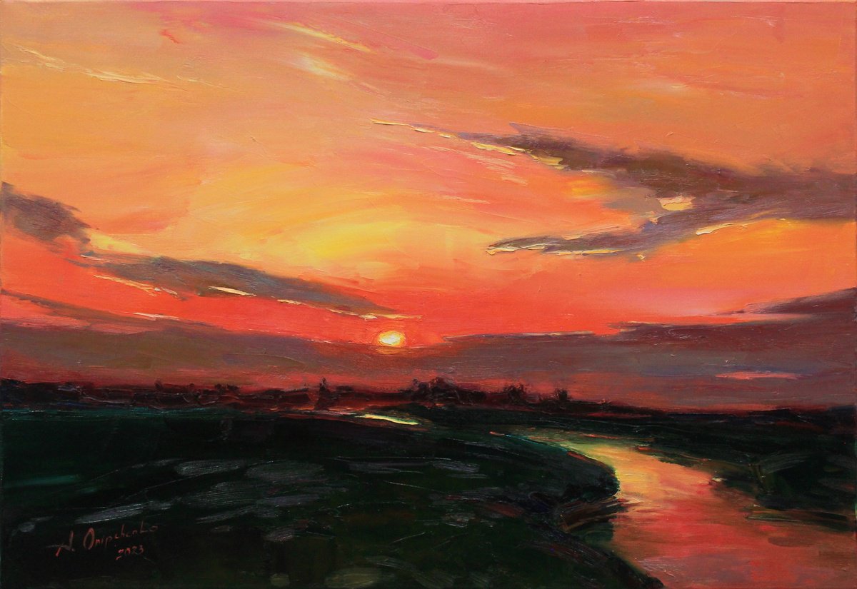 Sunset near the river landscape by Alisa Onipchenko-Cherniakovska