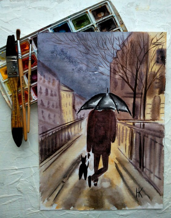 NYC Painting Cityscape Original Art Man Walking Dog Small Watercolor Artwork New York Wall Art 8 by 12" by Halyna Kirichenko