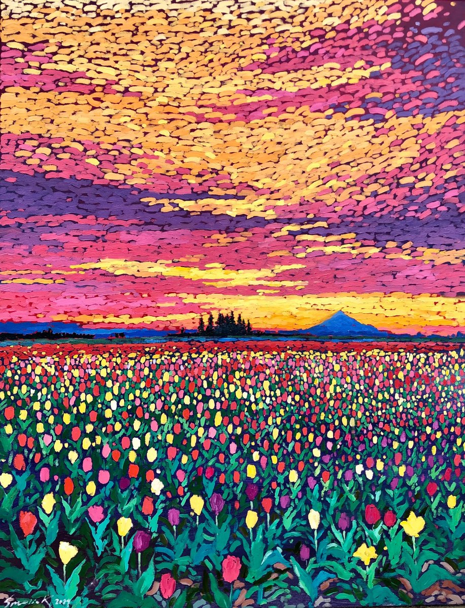 Field with tulips. Sunset 90-70cm by Volodymyr Smoliak