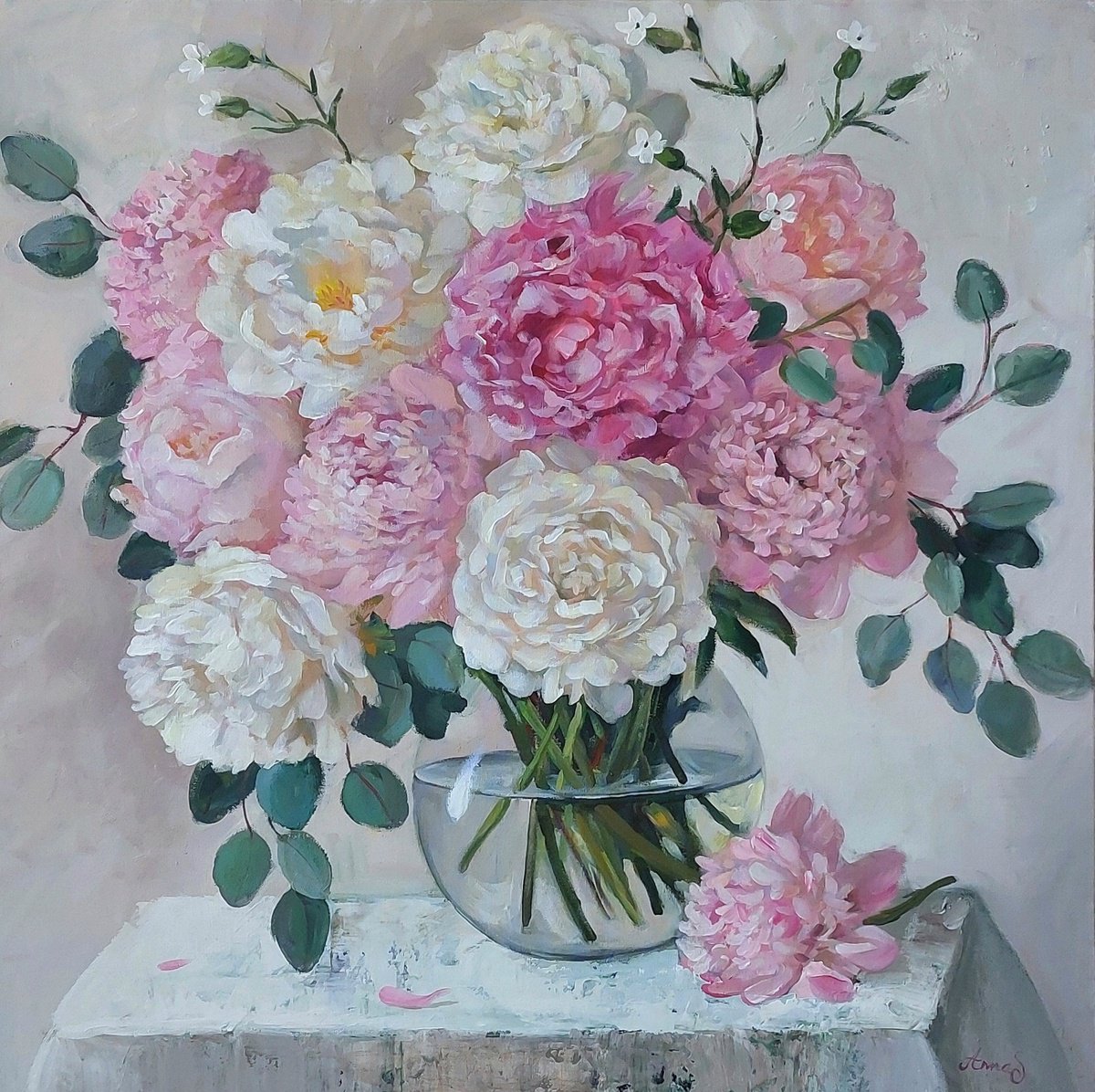 Expressive Botanical Acrylic Painting By Anna Silabrama, 39 X 39, - ?Bouquet Of Blush - ?, Original Artwork