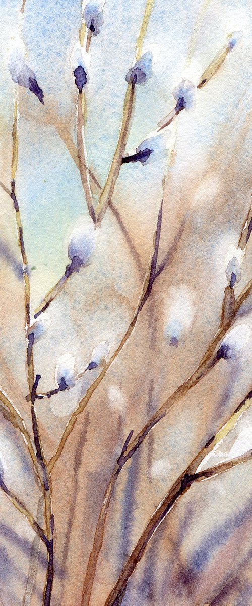 Spring Willow in watercolor, Miniature painting by Yulia Evsyukova