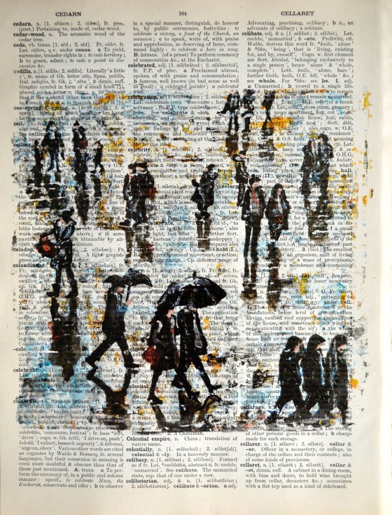 At the City 2 - Collage Art on Large Real English Dictionary Vintage Book Page