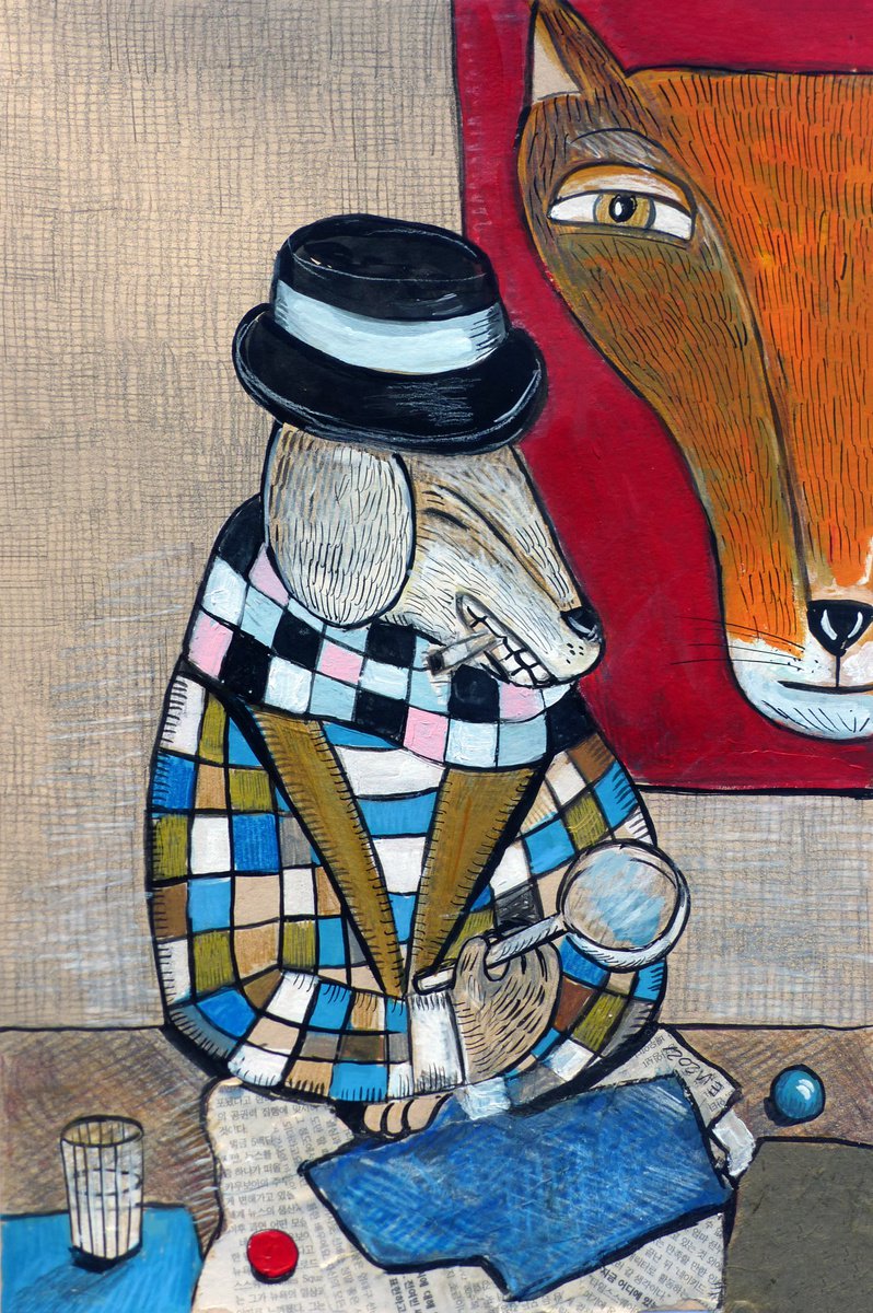 Naive Animal Painting By Elizabeth Vlasova, 12 X 18, A Famous Detective, Original Artwork