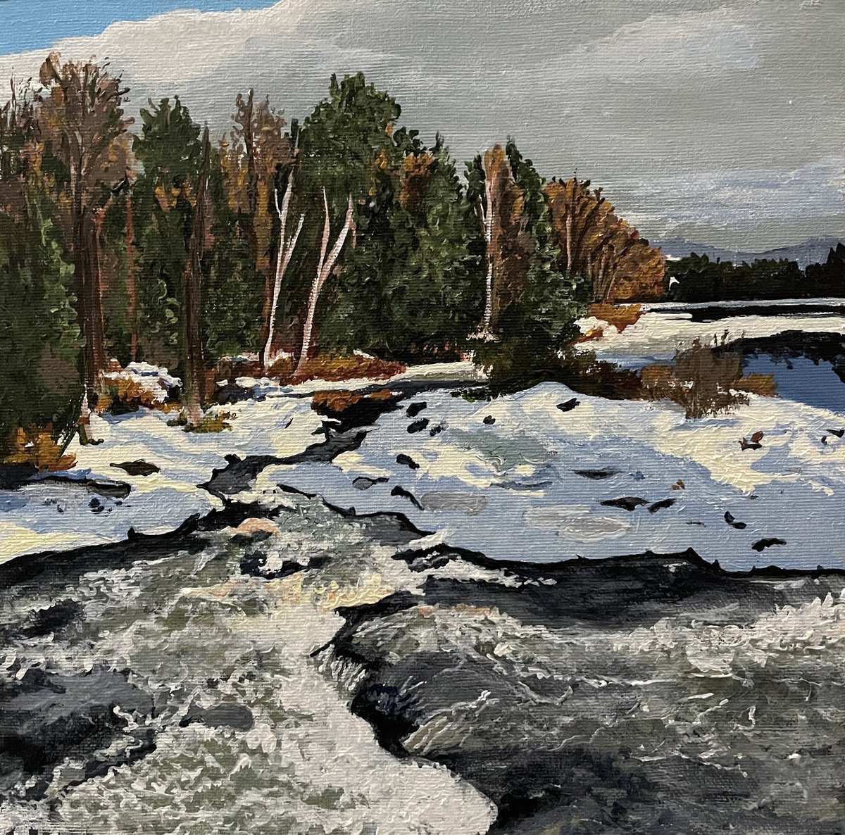 Photorealistic Landscape Acrylic Painting By Anne Shaughnessy, 10 X 10, Chutes Des Bleuets Ii, Original Artwork