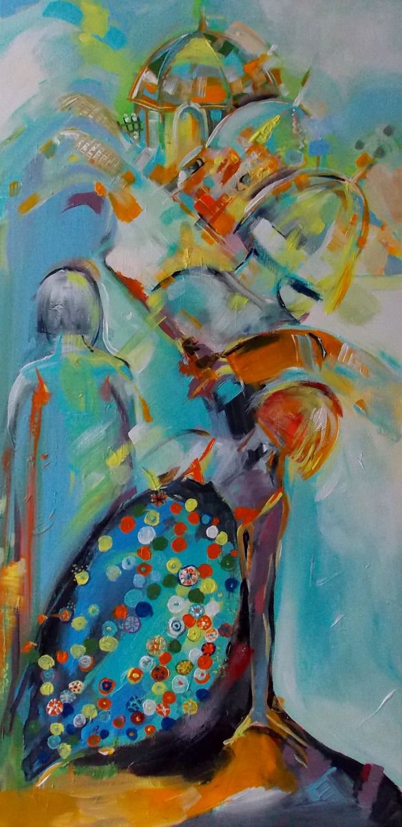 Impressionistic Portrait Acrylic Painting By Maria Paunova, 16 X 31", Murano Dream, Original Artwork
