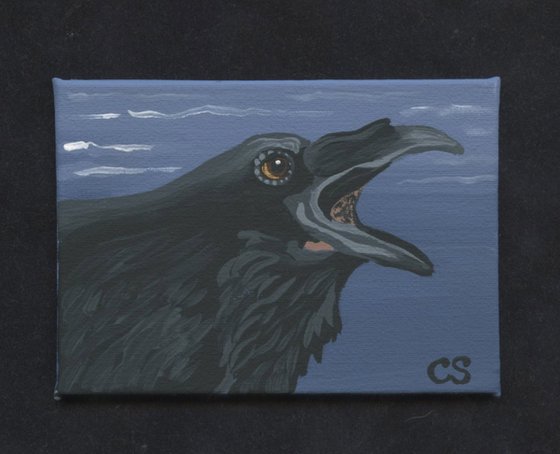 ACEO ATC Original Canvas Painting Crow Raven Wildlife Bird Art-Carla Smale