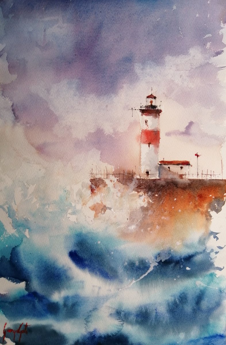 Impressionistic Landscape Watercolour By Giorgio Gosti, 14 X 21, Lighthouse 33, Original Artwork