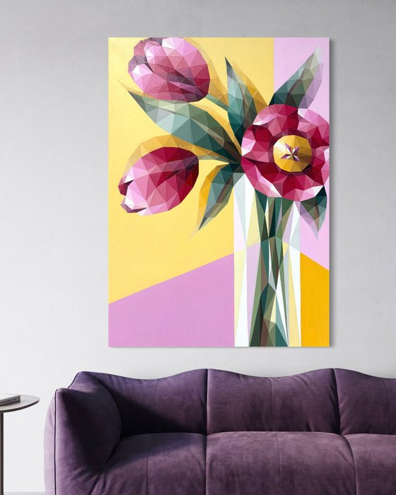 BOUQUET OF PINK TULIPS IN A VASE ON YELLOW