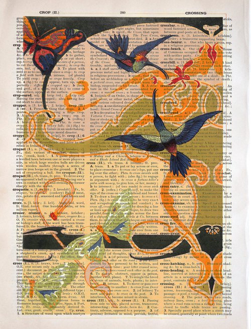 Hummingbirds, Butterflies, Art Nouveau - Collage Art Print on Large Real English Dictionary Vintage Book Page by Jakub DK - JAKUB D KRZEWNIAK