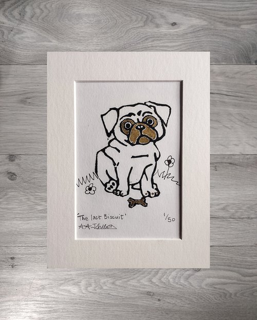 Lino cut pug. 'The Last Biscuit' by Andrew Alan Johnson