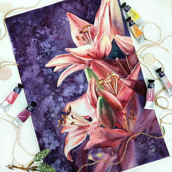 ORIGINAL Lily Flowers in Watercolor - Botanical Art - Floral Painting