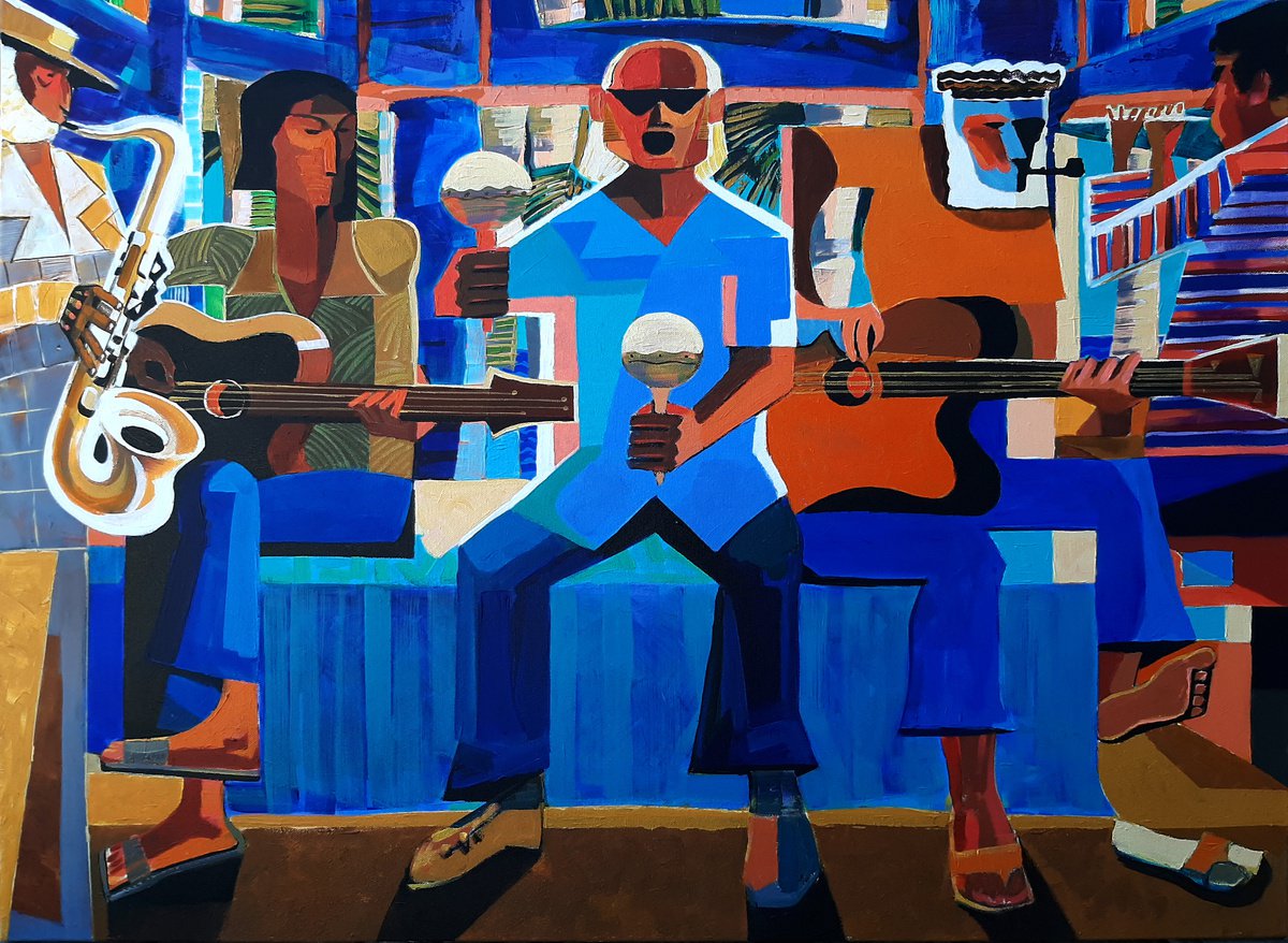 Expressive Portrait Acrylic Painting By Vadim Vaskovsky, 40 X 30", Five Musicians, Original Artwork