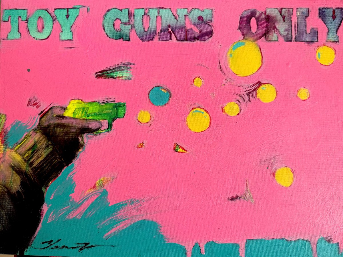 Urban And Pop Portrait Acrylic Painting By Yaroslav Yasenev, 16 X 12", Toy Guns Only 4, Original Artwork
