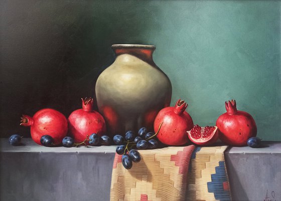 Still life with pomegranates (50x70cm, oil painting, ready to hang)