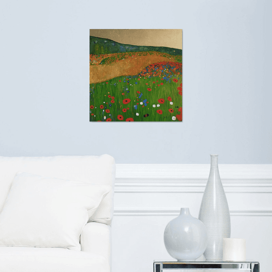 Contemporary Abstract Poppy Field & Gold Leaf Landscape.