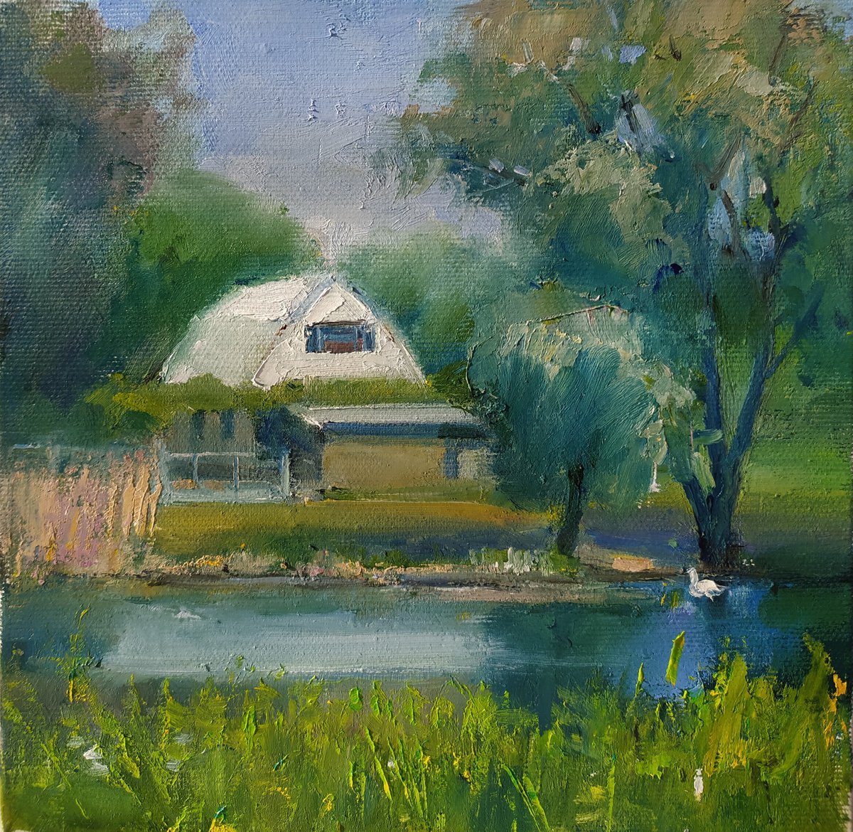 Impressionistic Landscape Oil Painting By Valentina Andrukhova, 8 X 8", Rural House, Original Artwork