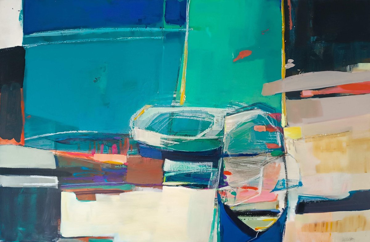 Abstract Landscape Acrylic Painting By Magdalena Morey, 39 X 26", Ropes And Moorings 1, Original Artwork