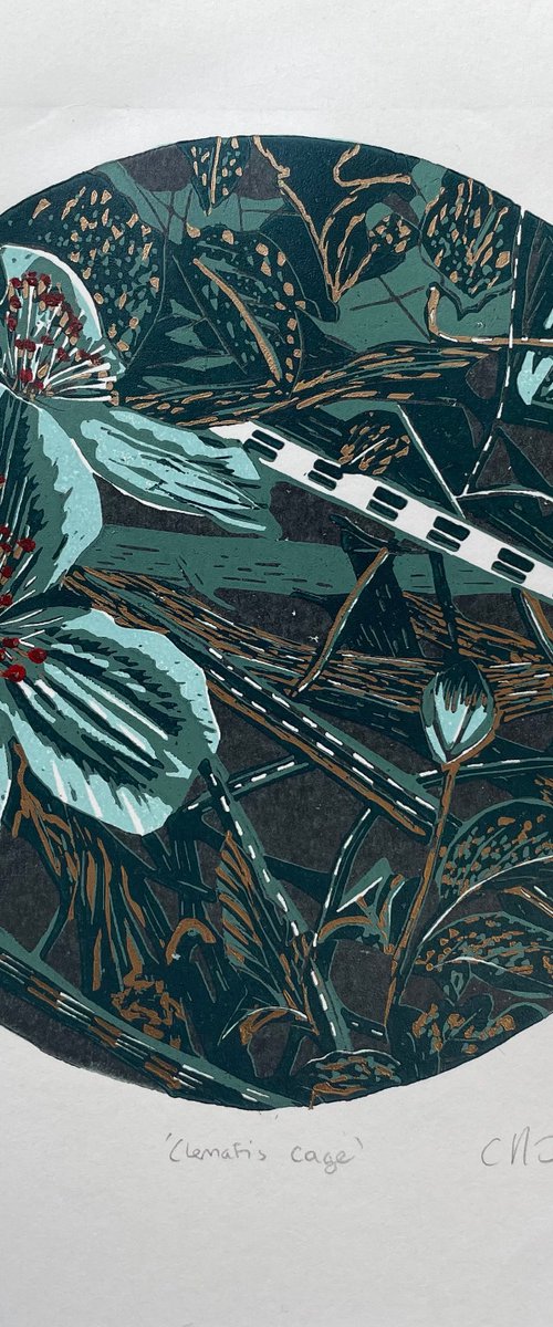 Clematis Cage - Nature Linocut Print - Reduction Print by C Staunton