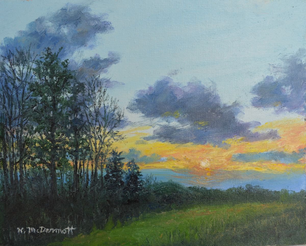 Impressionistic Landscape Oil Painting By Kathleen Mcdermott, 10 X 8", Twilight Meadow, Original Artwork