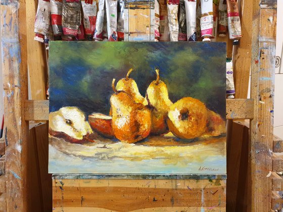 "Juicy pears"  pears still life liGHt original painting PALETTE KNIFE  GIFT (2016)