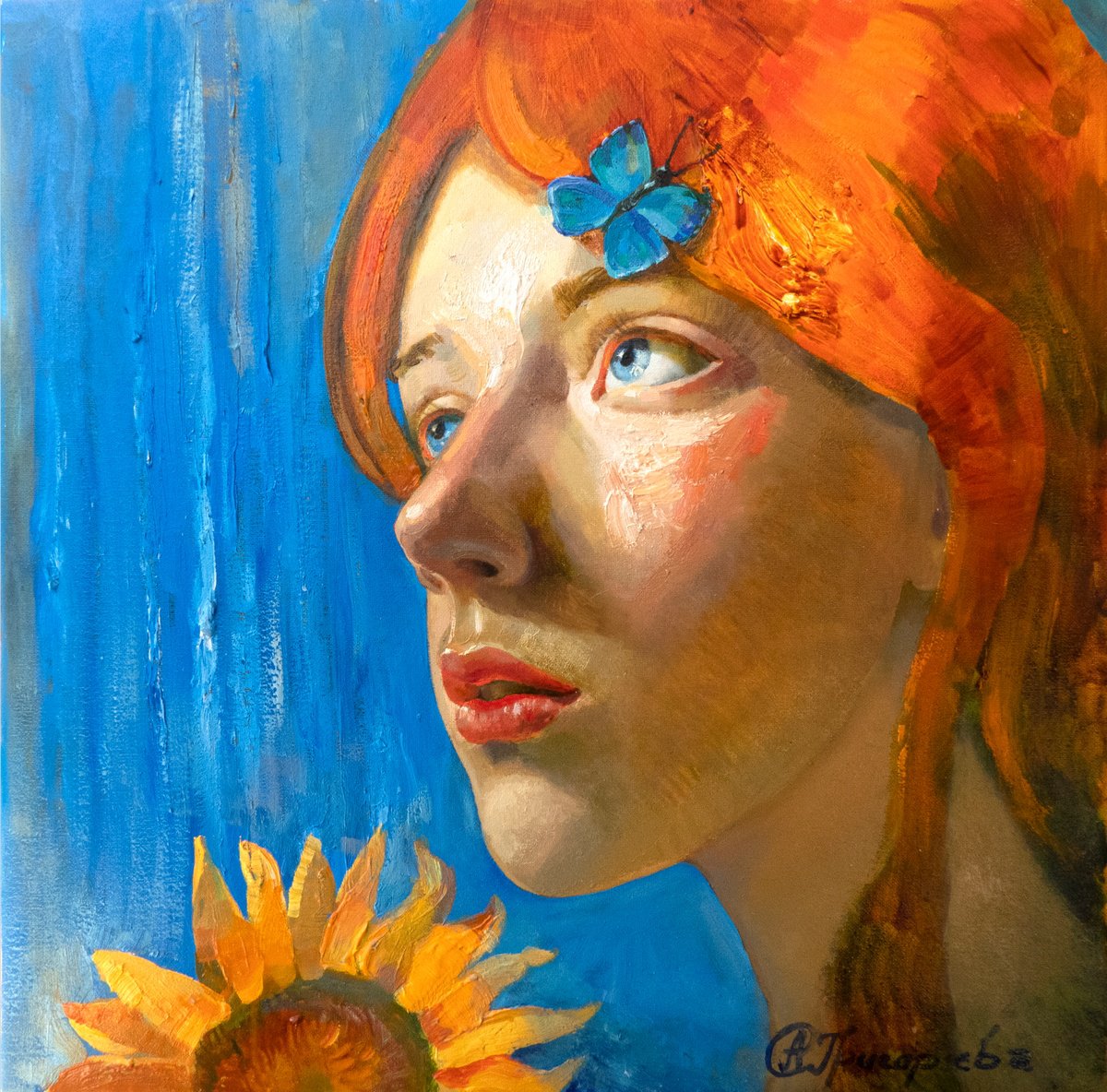 Impressionistic Portrait Oil Painting By Anastasiia Grygorieva, 16 X 16, Girl With Butterfly, Original Artwork
