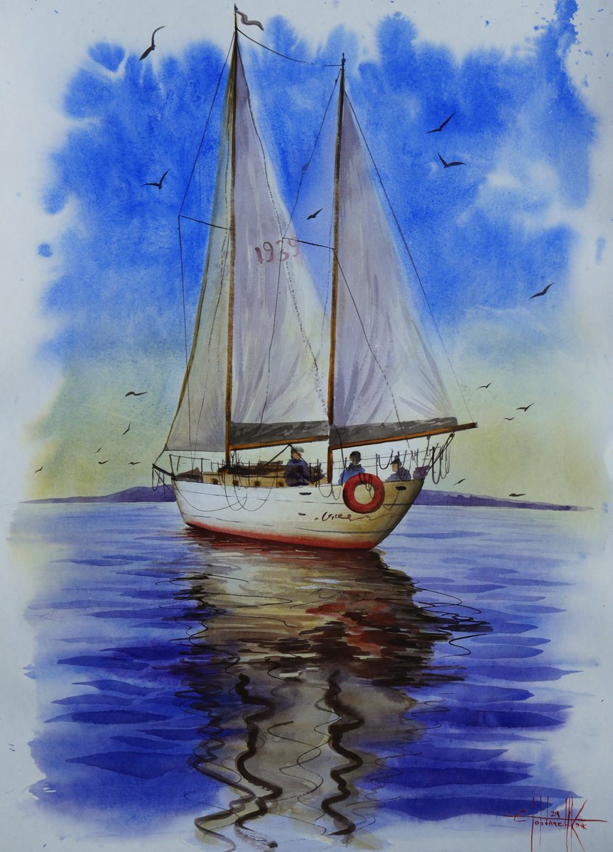 Impressionistic Landscape Watercolour By Eugene Gorbachenko, 20 X 28, Under The Sails, Original Artwork