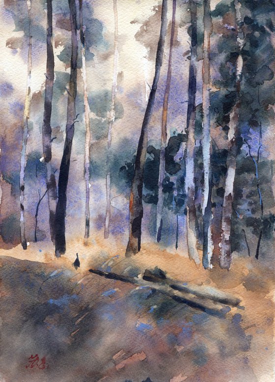 Forest at dusk, watercolor painting