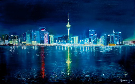 Night city. Oil painting.