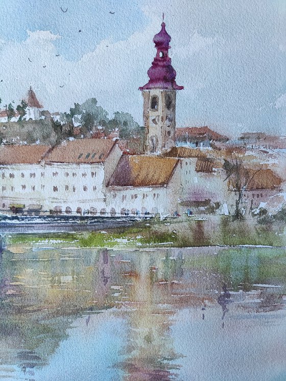 Ptuj castle, Slovenia city original watercolor hand-painted, Drava river lake bridge, Mediterranean Europe Impressionistic, Old town artwork