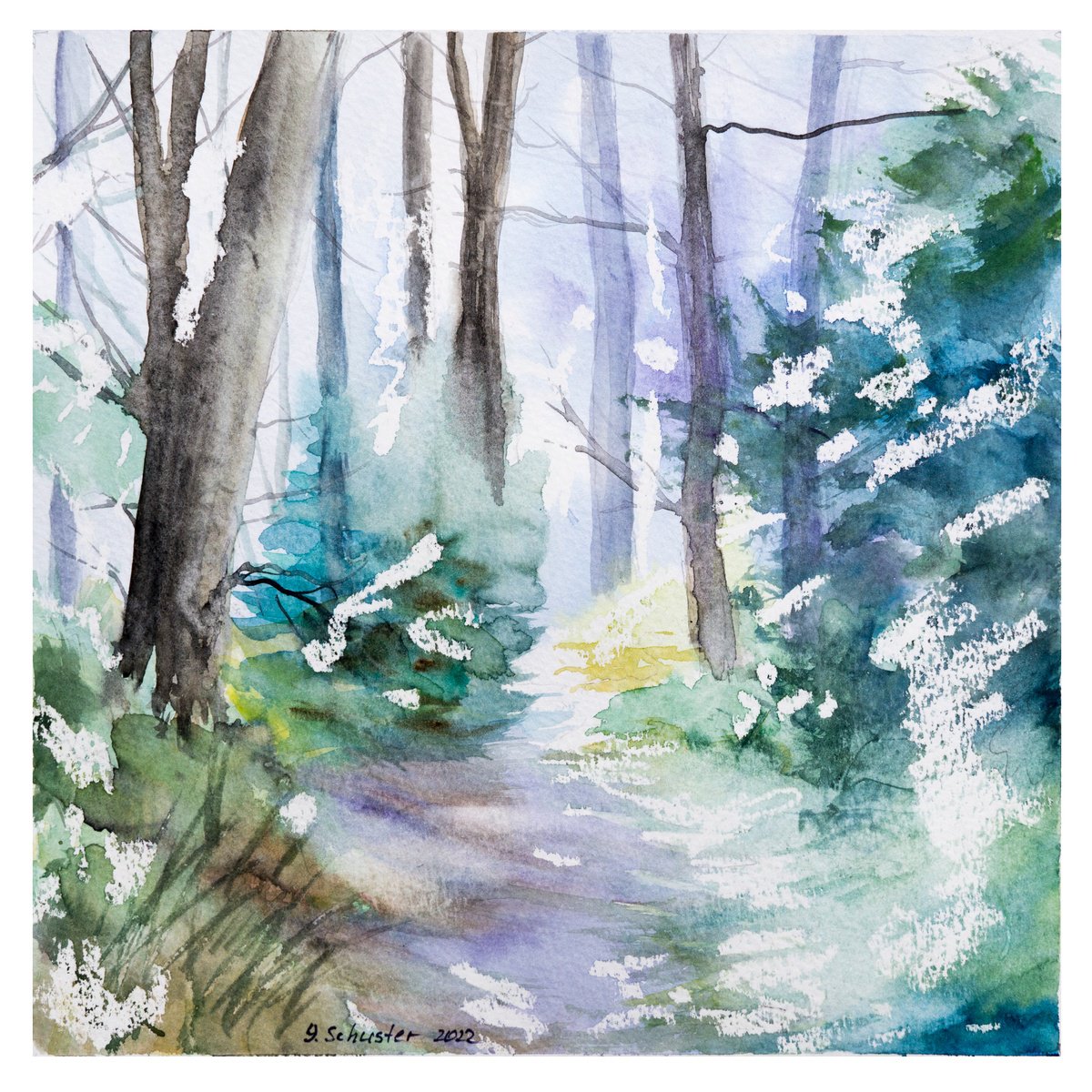 Impressionistic Landscape Watercolour By Yulia Schuster, 10 X 10", Forest Path, Original Artwork